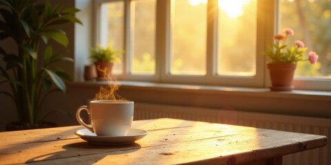 Warm Morning Sunlight Illuminates a Steaming Cup of Coffee on Rustic Wooden Table Near Window with Plants