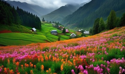 Mountain landscape with flowers.