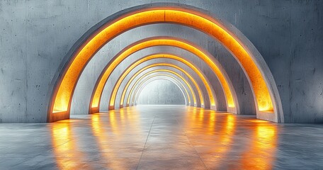 Naklejka premium An abstract interior with smooth concrete and wood surfaces, framed by an architectural setting, presented in a 3D illustration