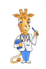 Illustration of a giraffe medic character in a cute cartoon style.