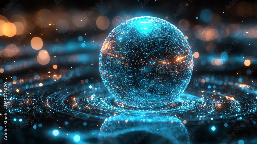 Poster a futuristic sphere of energy dots on an abstract particles background, incorporating a globalizatio