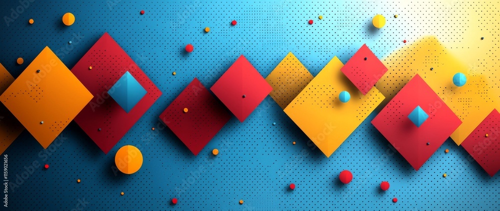 Poster a panoramic image showcasing triangles and angled shapes on a vibrant, abstract background adorned w