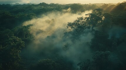 Fototapeta premium Aerial View of Smoke Rising Through Forest Canopy