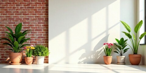 Sunlit Interior with Potted Plants and Brick Accent Wall