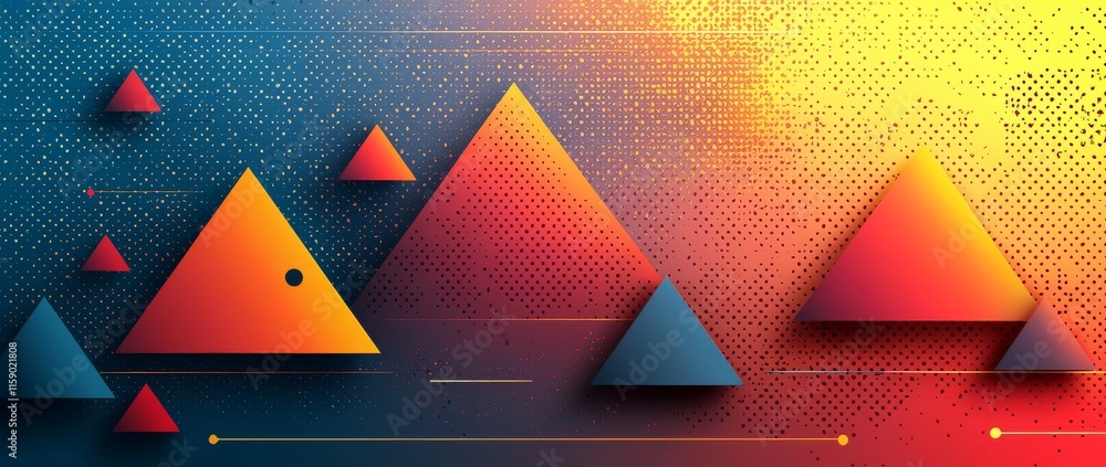 Poster an illustration featuring triangles and angled shapes set against a colorful, abstract background fi
