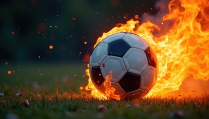 Fototapeta premium Fiery blaze consuming a football, intense heat and light, fiery, burning leather