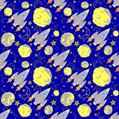 Childish seamless pattern with hand drawn space elements space, rocket, star, orbit, planet. Trendy kids background.