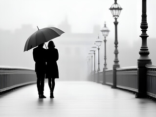 A couple stands under an umbrella on a foggy bridge, surrounded by vintage lamp posts, evoking a romantic and tranquil atmosphere.