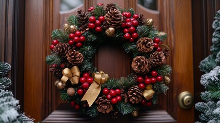 Festive Christmas wreath adorned with pine cones and berries