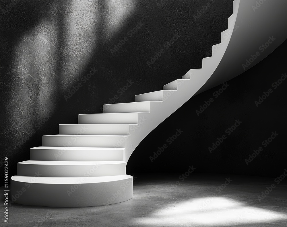 Poster a black background with stone stairs bathed in abstract light. stairs emerge from the shadows. 3d re