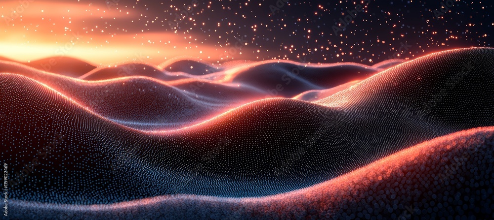 Poster futuristic 3d rendering showcasing an abstract mesh with waves made of connected dots and lines
