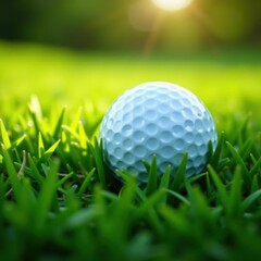 Obraz premium Golf ball partially buried in thick grass, morning dew, shadow, morning