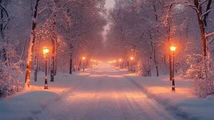Serene winter pathway with glowing lamps in snow