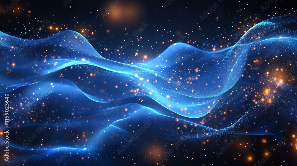 Poster wave-like flow of blue digital particles in an abstract digital cyberspace setting