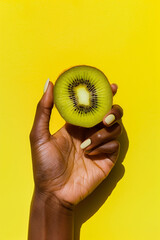 Hand Holding Fresh Kiwi Half on Yellow Background