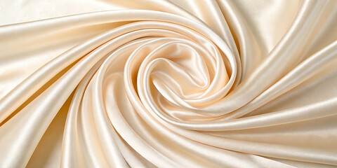 A soft pastel beige and cream color on shiny satin silk, creating a smooth and luxurious surface. The fabric reflects light with a gentle sheen, enhancing the subtle and elegant tones of the pastel sh
