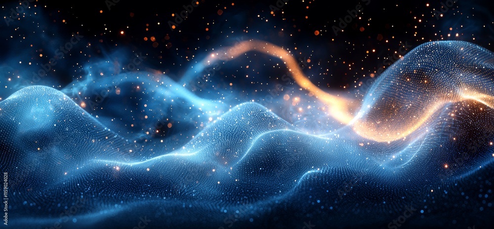 Poster big data idea. blockchain 3d depiction. information waves interacting with the global database. neur