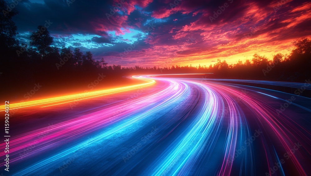 Poster abstract neon lights are seamlessly integrated into a digital technology tunnel. this futuristic tec