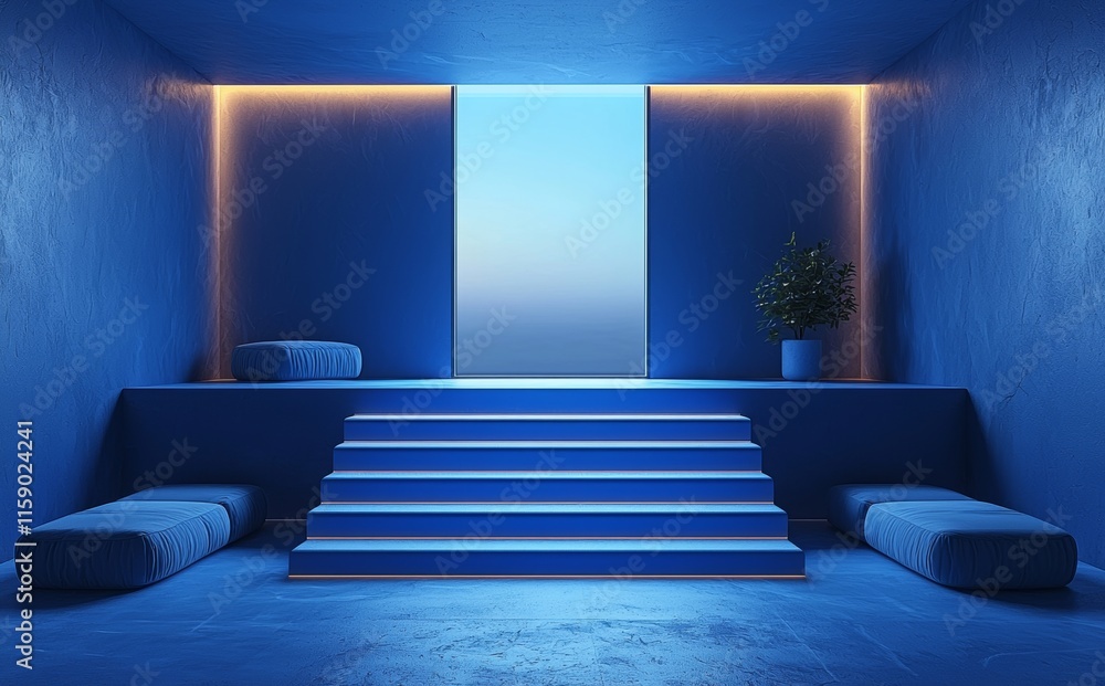 Poster an empty dark blue room featuring a gradient blue abstract backdrop for displaying your product