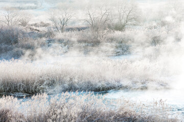 Hapcheon-gun, Gyeongsangnam-do, Republic of Korea Winter Morning Scenery of Foggy Reservoir