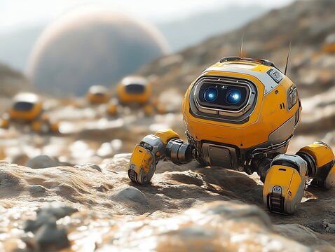 Small yellow robots exploring alien planet.