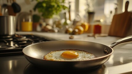 Sunny-side up egg frying in a pan on kitchen counter.