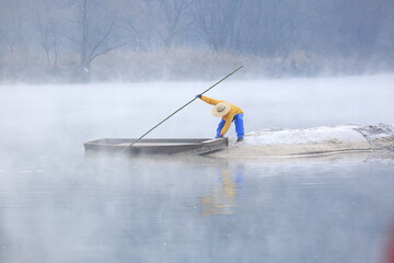 Naklejka premium Hapcheon-gun, Gyeongsangnam-do, Republic of Korea Winter Morning Scenery of Foggy Reservoir