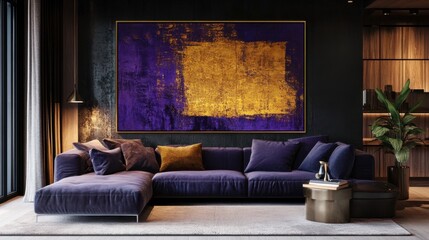Modern Living Room with Purple Sofa and Abstract Gold Artwork