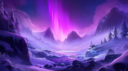 Tranquil Winter Landscape Under Northern Lights in Purple Sky
