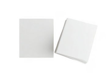 Top-down view of white sheets of paper, stickers on white background, png, no background, transparent background, isolated, mockup