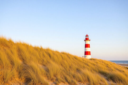 Coastal scene with red and white lighthouse on grassy dune
