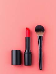 Obraz premium An elegant setup of cosmetic essentials like lipstick, makeup brushes, and powder, presented neatly on a light-colored backdrop. Stock.