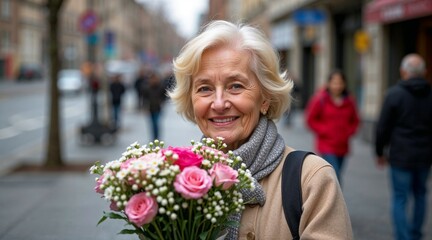 Fototapeta premium Elderly woman holding flowers and smiling during International Women's Day celebration in the city