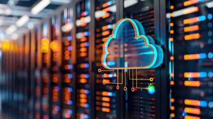 A cloud icon overlaid on server racks symbolizes modern data storage solutions and cloud computing technology.