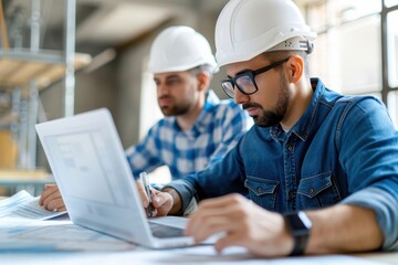 Two construction professionals, wearing helmets, work intently at a laptop and blueprints in a bright, industrial workspace.