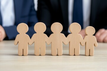 Wooden Figures: Harmonizing a Diverse Workforce: A row of wooden figures, symbolizing unity and diversity in the workplace, presents a compelling visual that underscores the value of a strong team.