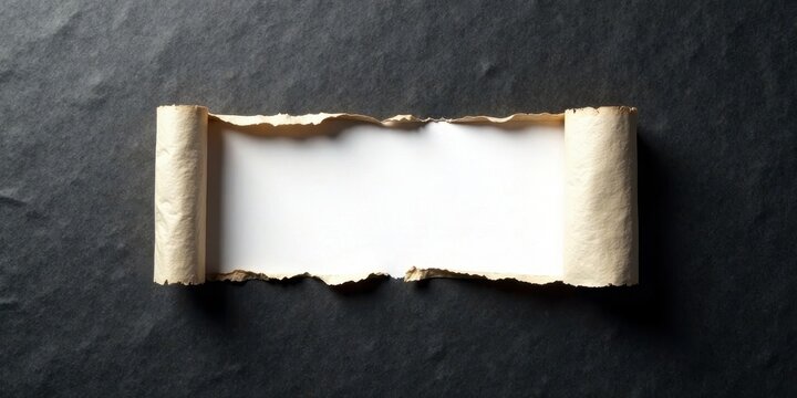 An aged parchment scroll with a blank white center, resting on a dark surface, presents a compelling visual for announcements or messages.