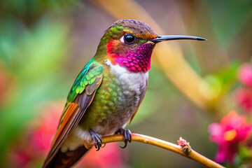 Fototapeta premium Vibrant hummingbird perched on a branch, showcasing iridescent green, red, and pink plumage against a blurred floral backdrop.