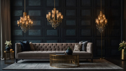 Interior accents, upholstered furniture, and a dark, traditional wall serve as the backdrop for this modern home or office design.