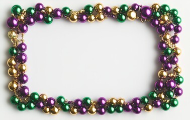 Fototapeta premium Colorful Mardi Gras Beads in Vibrant Purple, Green, and Gold Arranged in a Decorative Frame on a Clean Background for Festive Celebrations and Events