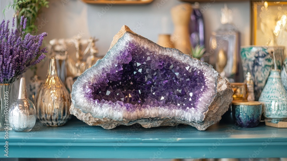 Poster captivating amethyst geode display with decorative art background