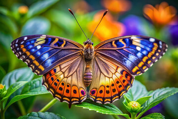 Naklejka premium Vibrant multicolored butterfly with open wings perched on green leaves among colorful flowers.