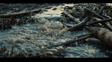 Dynamic Scene of a Polluted River with Natural Background
