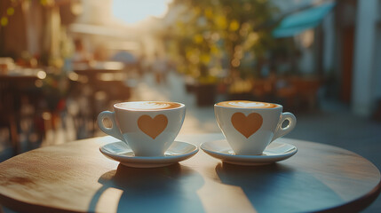 Two cups of coffee with heart-shaped latte art placed side by side on a caffe table
