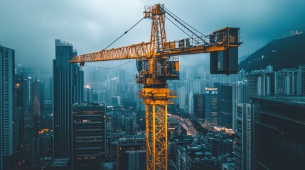 Fototapeta premium Urban Construction Site with Tower Crane Against City Skyline