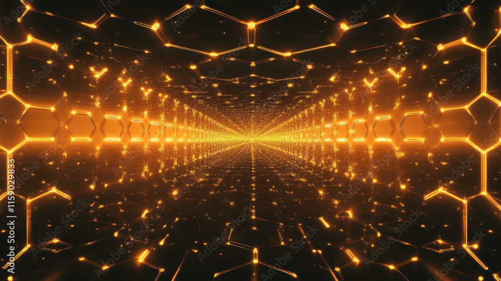 Poster futuristic abstract hexagonal tunnel with golden glow effects