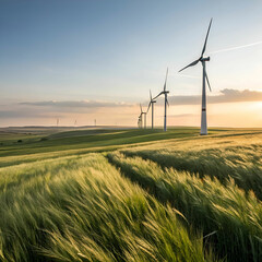 Wind Turbines in Blooming Field Under Serene Sunset Sky