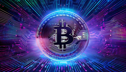 Obraz premium Bitcoin symbol inside digital coin with neon blue and purple light
