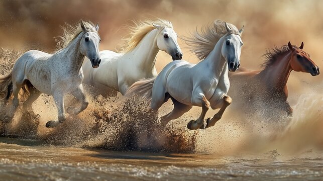 Horses galloping through water in a dramatic sandy landscape.