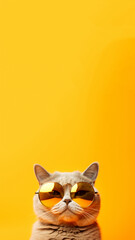A funny, stylish British cat wearing sunglasses and looking cool, set against a yellow background. The cat playful attitude makes it perfect for an ad or social media story reel